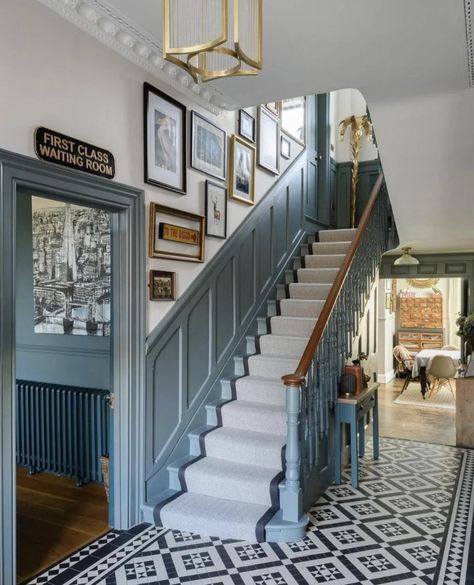 Blue Painted Staircase, Stairs And Hallway Ideas, Victorian House Interiors, Victorian Hallway, House Staircase, Narrow Hallway Decorating, Charm It, Home Hall Design, Edwardian House