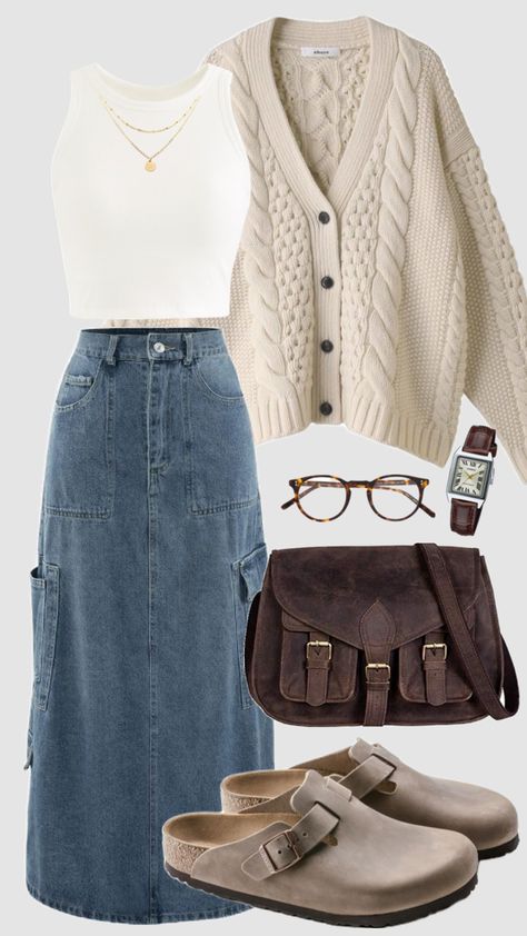 #downtowngirl #falloutfit #modestoutfit #modest #longjeanskirt #white #offwhite #cardigan #clogs #christiangirl #outfitinspo #fallfit #schoolfit #fallaesthetic #comfy #vintage Modest Church Outfits Fall, Church Outfits Fall, Modest Outfits Casual, Winter Modest Outfits, Acubi Outfit, Modest Church Outfits, Modest Fall Outfits, Curvy Casual Outfits, Acubi Fashion