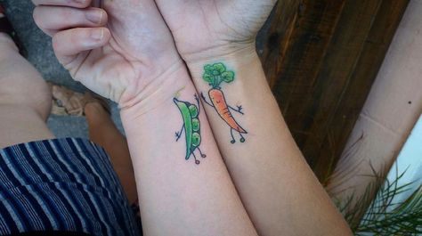 Best Friend Food Tattoos | POPSUGAR Food Matching Cousin Tattoos, Sloth Tattoo, Cousin Tattoos, Matching Friend Tattoos, Tattoo Placements, Matching Best Friend Tattoos, Food Tattoos, Bestie Tattoo, Peas And Carrots