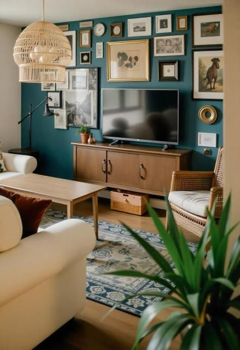 40+ Stylish and Cool TV Wall Decor Ideas Tv And Paintings On Wall, Collage Wall With Tv, Tv Console Wall Design, Maximalist Tv Wall, Tv On Sideboard, Apartment Tv Wall Ideas, Gallery Wall Above Tv, Gallery Tv Wall, Small Tv Wall Ideas