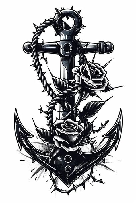 Tattoo idea: tattoo sketch symbolic Anchor entangled in rose thorns 1 Neo Traditional Roses, Thorns Tattoo, Thorn Tattoo, Symmetrical Tattoo, Anchor Tattoo Design, Idea Tattoo, Rose Sketch, Rose Thorns, New Tattoo Designs