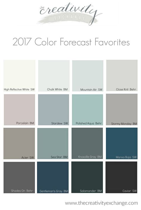 We've pulled together the prettiest and most dependable colors from the 2017 paint color forecasts and trend reports from paint manufacturers. The Creativity Exchange, Interior Paint Colors For Living Room, Interior Paint Colors Schemes, Color Wheels, Trending Paint Colors, Color Forecasting, Pintura Exterior, Paint Color Schemes, Paint Companies