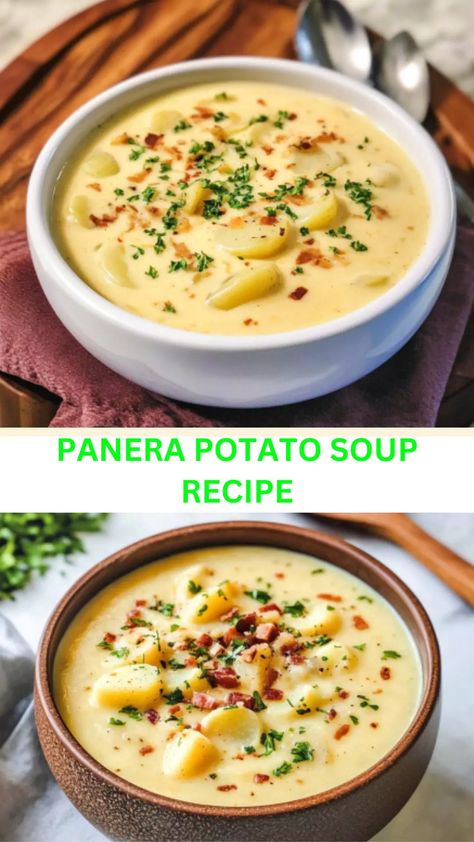 Enjoy Panera’s creamy Potato Soup recipe, packed with tender potatoes and rich flavors, perfect for a cozy meal any time of the year. Panera Potato Soup Recipe, 54th Street Potato Soup Recipe, Brocolli Potato Soup, Panera Potato Soup, Panera Bread Potato Soup Recipe, Potato Soup Panera, Panera Baked Potato Soup, Soup Panera, Creamy Potato Soup Recipe