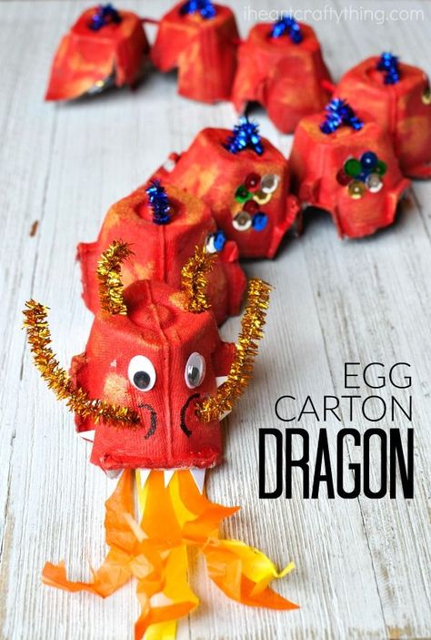 A fun way to make an egg carton dragon craft. Great Chinese New Year craft for kids and fun way to craft with recycled materials. Craft With Recycled Materials, New Year Craft For Kids, Craft Dragon, Chinese New Year Craft, News Years Crafts For Kids, New Year Craft, Dragon Craft, Chinese New Year Crafts For Kids, Chinese New Year Activities