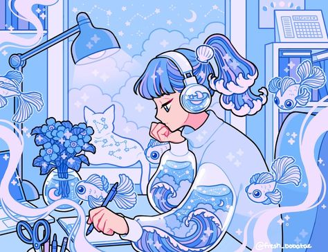 loft study girl (ocean version) commissioned by @eleahbean on IG, an art print by fresh_bobatae - INPRNT Fresh_bobatae Art, Lofi Study, Lofi Songs, Study Girl, Arte Do Kawaii, Breakfast Goodies, Character Pictures, Japon Illustration, 캐릭터 드로잉