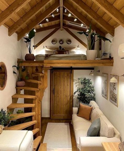 (20+) Tiny Home Ideas | Facebook Tiny Home With Loft, Tiny House Loft Stairs, Tiny Home Stairs To Loft, Tiny House Shed Conversion, Tiny House Double Loft, Shed To Tiny House Conversion, Tiny Home With Large Loft, Tiny House Loft Stairs Cabin, Tiny House Double Loft Stairs