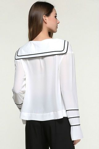 AU$61.09 White Sailor Collar Long Tee Sea Style, Sewing Collars, Fashion Terms, Sailor Dress, Long Tee, Sailor Collar, Nautical Fashion, Nice Tops, White Tops