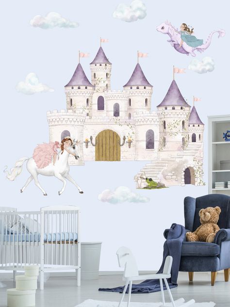 Create a fairy tale atmosphere in your space with our enchanting princess castle wall decal. This watercolor-style design features a castle, a white horse, a friendly dragon, and a charming frog. Visit our Etsy store to bring the magic of these characters to your walls! Castle Wall Decal, Castle White, Friendly Dragon, Mural Bedroom, Wall Fabric, Unicorn Room, Flying Dragon, Dragon Wall, Castle Wall