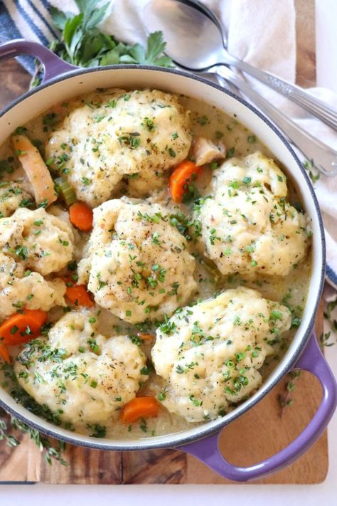 Fall is here and Chicken and Herb Dumplings is the quintessential meal of rainy day comfort. A one pot meal with fluffy delicious dumplings. #comfortfood #chicken #soup #onepotmeal #dumplings Chicken And Herb Dumplings, Dumpling Meals, Herb Dumplings Recipe, Chicken Dumplings, Poultry Dishes, Meals Ideas, One Pot Meal, Fall Flavors, Dumpling Recipe