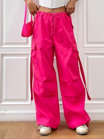 Search gorpcore | SHEIN USA Hot Pink Cargo Pants, Mega Banette, Pants Embellished, Hot Pink Pants, Pink Cargo Pants, Parachute Pant, Waist Cargo Pants, 50 Style, Women Pants