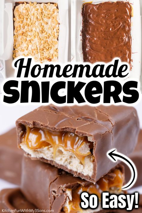 I'm crazy about these Homemade Snickers bars! With caramel, peanuts, chocolate and even marshmallow creme - these are even better than the original candy bar. I can't get enough of them. Bars With Caramel, Candy Bar Recipes, Snickers Bars Recipe, Homemade Snickers Bars, Snickers Recipe, Candy Bar Recipe, Homemade Candy Bars, Caramel Apples Homemade, Snickers Candy