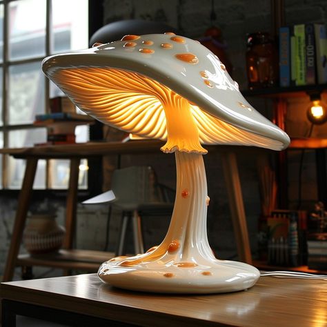 Introducing the “Fungi Glow Lamp,” inspired by the intricate beauty of mushrooms. Its eco-friendly design features a base resembling a mushroom stem and a translucent lampshade mirroring delicate mushroom caps, emitting a soft, enchanting glow. Each lamp is handcrafted, adding a touch of organic charm to any space. Conceptual AI Art Follow @ecosapiens for more! Mushroom Light Fixture, Paper Mache Mushroom Lamp, Mushrooms Lamp, Mushroom Stem, Fantasy Treehouse, Mushroom Light, Sustainable Lighting, Countryside Decor, Glow Lamp