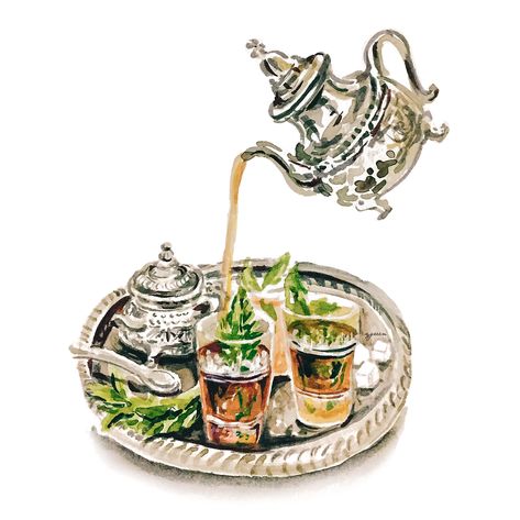 Tea Illustration Art, Moroccan Art Painting, Tea Painting, How To Make Meringue, Arabic Tea, Art Of Tea, Moroccan Tea, Moroccan Mint Tea, Tea Illustration