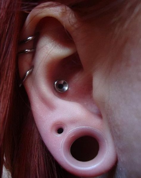 Stretched Ear Jewelry, Ear Layout, 0g Stretched Ears, Stretched Ears 00g, Ear Piercings Gauges, Body Modification Piercings, Ear Ideas, Weird Earrings, Ear Stretching