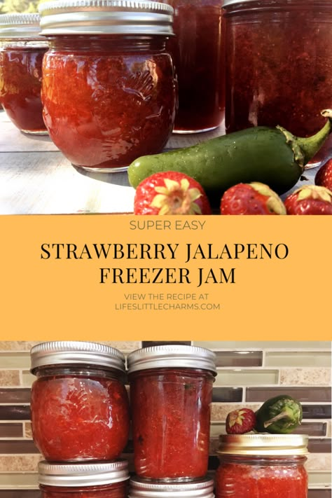 Easy Strawberry Jalapeño Freezer jam. A deliciously perfect treat that balances sweet and spicy. Perfect on toast in the morning or with crackers and cream cheese as an appetizer Strawberry Pepper Jam Recipe, Raspberry Jalapeno Freezer Jam, Peach Jalapeno Freezer Jam, Jalepeno Peach Freezer Jam, Freezer Jalapeno Pepper Jelly, Strawberry Jalapeno Freezer Jam, Strawberry Jalepeno Recipes, Jalapeno Strawberry Jam Recipe, Jalapeño Strawberry Jam