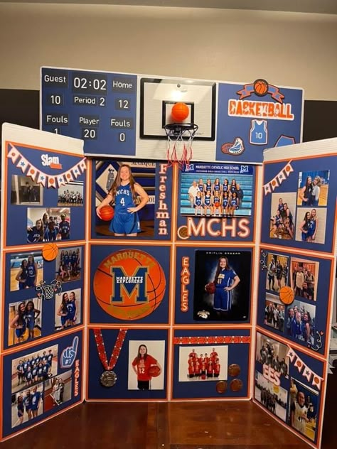 Senior Table Ideas Basketball, Senior Basketball Board Ideas, Senior Board Ideas Sports Basketball, Senior Volleyball Table Display, Senior Poster Board Ideas Basketball, Senior Night Table Display Basketball, Basketball Senior Night Table Ideas, Senior Tri Fold Board Ideas Sports, Senior Basketball Posters