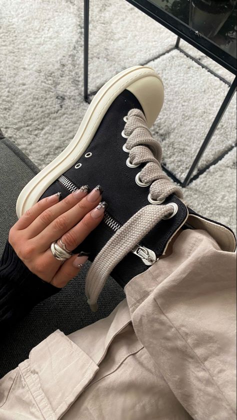 Chrome Hearts Nails, Rick Owens Shoes Outfit, Rick Owens Outfit, Hearts Nails, Sneakerhead Room, Black Shoes Sneakers, Rick Owens Shoes, Rick Owens Sneakers, Pretty Sneakers