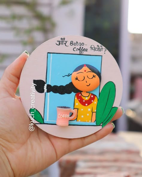 ये वाला coffee lovers ke liye 😊 _______ #fridgemagnets #indianillustration #indianartist #instagramcreator #incredibleindia Clay Crafts For Kids, Clay Magnets, Kitchen Art Prints, Mandala Art Lesson, Indian Artist, Kitchen Crafts, Indian Folk Art, Book Art Diy, Cement Crafts