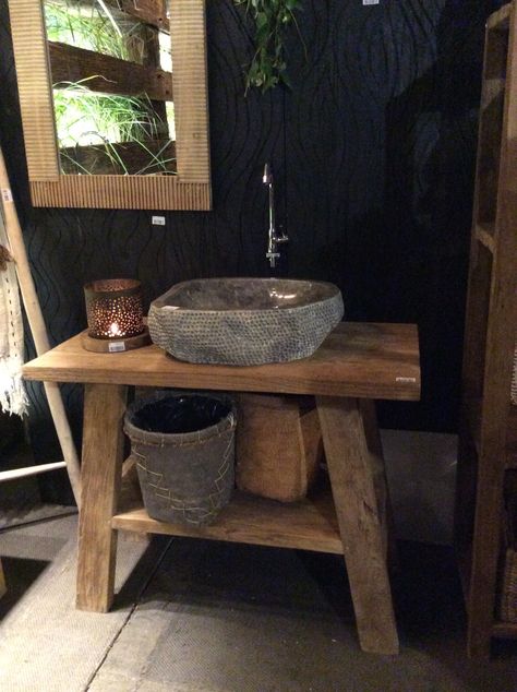 idea for an outdoor bathroom. Console made of reclaimed teak, stone basin Outdoor Powder Room Ideas, Rustic Outdoor Bathroom Ideas, Outdoor Basin, Outdoor Bathrooms Toilet, Bathroom Basin Ideas, Dresser With Stone Sink, Glamping Bathroom Ideas, Small Outdoor Bathroom, Outdoor Bathroom