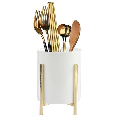 Utensil Holder Ideas For Party, Utensil Holder Ideas, Gold Utensils, Silverware Caddy, Flatware Caddy, Ceramic Utensil Holder, Flatware Organizer, Utensil Caddy, Silverware Holder