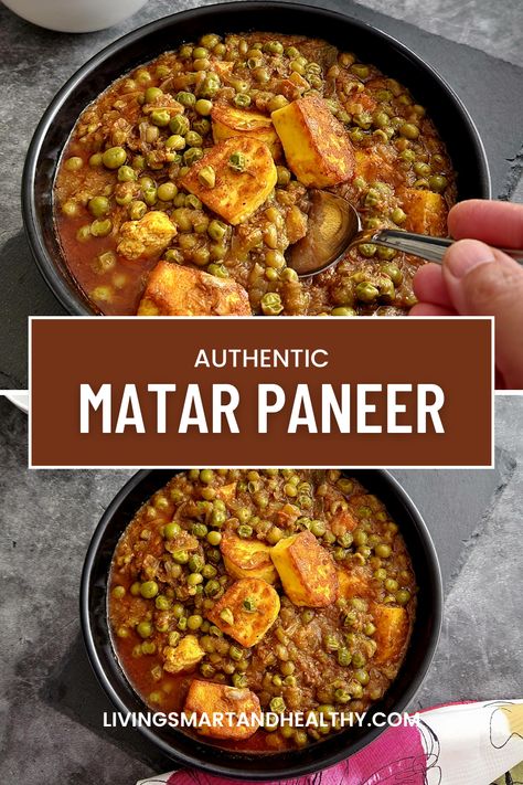 Matar Paneer Recipe (Mutter Paneer) is a vegetarian curry made with Indian cottage cheese and peas cooked in an onion-tomato base sauce with Indian aromatic spices. Paneer Potato Recipes, Mutter Paneer Recipe, Mattar Paneer Recipe, Paneer Recipes Indian, Mattar Paneer, Paneer Dishes, Vegetarian Main Course, Paneer Recipe, Vegetables Recipes