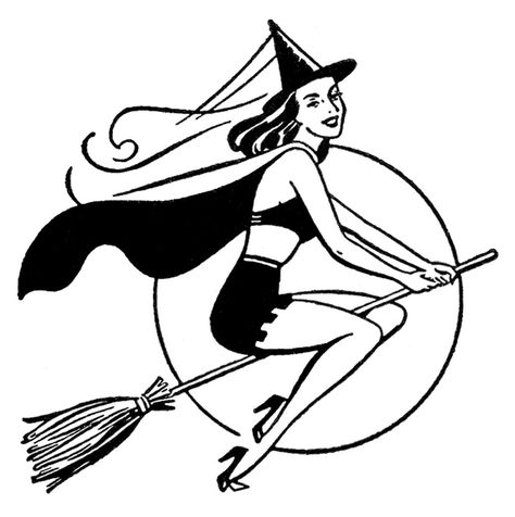 retro witch moon broomstick clipart - thegraphicsfairy.com Inktober Ideas, Witches Broomsticks, Witch Flying, Vintage Halloween Witch, Vintage Halloween Images, Witch Drawing, Witch Clipart, Halloween Printables Free, The Graphics Fairy