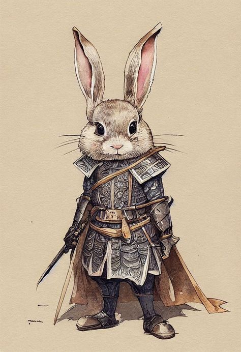 Rabbit Swordsman, Animal Warrior Drawing, Animals In Armor, Rabbit Adventurer, Dnd Rabbit, Kawaii Warrior, Humanoid Rabbit, Wildfire Spirit, Mythical Rabbit