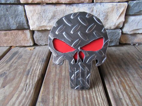 Diamond plate heavy steel punisher hitch cover, follow JPlaiaSteelArt on Facebook to buy and find more unique metal art. Airplane Wall Art, Tire Rack, Airplane Wall, Punisher Skull, Hitch Cover, Truck Ideas, Metal Garden Art, Diamond Plate, Junk Art