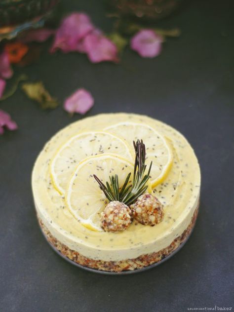 Raw Lemon Ginger Chia Cheesecake (Free From: gluten & grains, dairy, eggs, and refined sugar) Raw Cheesecake, Citrus Desserts, Raw Vegan Desserts, Raw Cake, Lemon Ginger, Raw Desserts, Raw Vegan Recipes, Paleo Dessert, Cheesecake Recipe