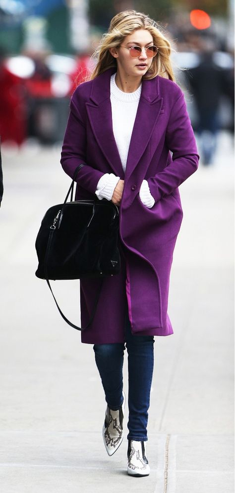 3 Celebrity Looks You Can Easily Recreate, with Olivia Palermo & More | WhoWhatWear.com Purple Coat Outfit, Purple Fashion Outfit, Purple Coat, Hadid Style, Outfits 2017, Vibrant Purple, Olivia Palermo, Celebrity Street Style, Coat Outfits