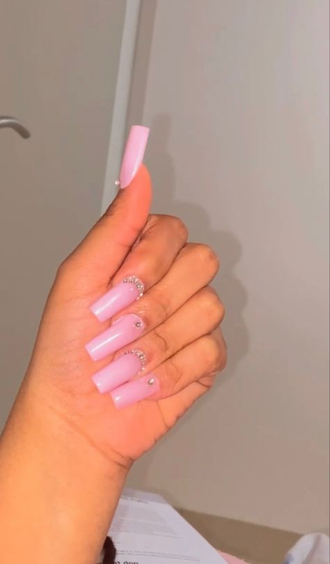 Solid Pink Nails With Rhinestones, Pink With Gems Nails, Basic Pink Nails With Gems, Pink Stone Nails, Plain Pink Nails With Rhinestones, Pink Nails With Crystals, Baby Pink Nails With Rhinestones, Light Pink Nails With Rhinestones, Pink Nails Rhinestones