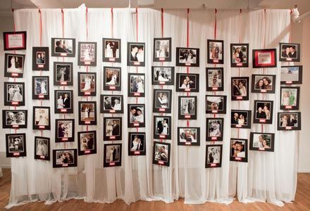 Photo Display For Anniversary Party, Picture Table Decor, Photo Timeline Display, Unique Photo Display Ideas, Picture Wall Ideas Party, Family Photo Display Wedding, Picture Wall Party, Tree Seating, Timeline Display