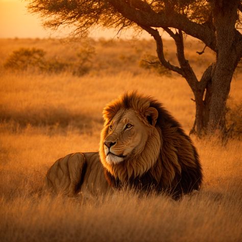 The regal lion is immortalized against the backdrop of a breathtaking African savanna sunset. Utilizing a Canon EOS R with a 500mm f/4 lens, the king of the jungle is captured in sharp relief at f/8. The golden hour light bathes the scene, creating a warm, soft light that highlights the lion's mane and the textures of the savanna. Harmonious composition positions the lion off-center, following the rule of thirds and implying his dominion over the vast expanse. Savanna Aesthetic, Witch Aesthetics, Golden Hour Light, The Rule Of Thirds, African Savanna, Canon Eos R, Lion's Mane, King Of The Jungle, The Golden Hour