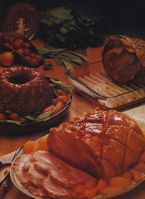 Party Food of the 1970s, Bon Appétit Style - Bon Appétit 70s Dinner Party, 1970s Food, Cheese Logs, 70s Food, Vintage Recipe Cards, 80s Food, Fresh Ham, Pineapple Glaze, Sliced Onion