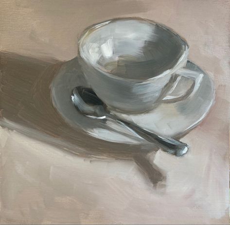 Still Lifes Paintings, Teacup Still Life, Alla Prima Still Life, Teacup Still Life Photography, Teacup Oil Painting, White Paintings Aesthetic, Oil Still Life Painting, Teacup Reference, Cup Art Painting