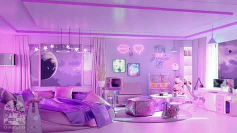 ArtStation - Choose Your Bedroom!, Omorphia Visual Futuristic Room Design, Futuristic Rooms, Dorm Design, Purple Bedrooms, Stage Background, Purple Rooms, Aesthetic Space, Concert Stage, Spa Room