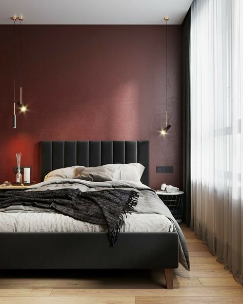 40 Outstanding Masculine Bedroom Ideas and Designs Red Accent Wall Bedroom, Maroon Bedroom, Red Bedroom Walls, Burgundy Bedroom, Maroon Walls, Red Accent Wall, Burgundy Walls, Best Bedroom Colors, Bedroom Accent