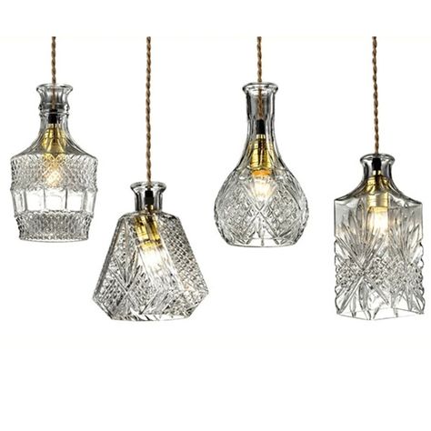 House Fixtures, Cut Bottles, Bottle Pendant Light, Luminaire Original, Pendant Lamps Kitchen, Retro Chandelier, Vintage Decanter, Edwardian House, Bottle Pendant