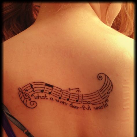 What a wonderful world- Louis Armstrong What A Wonderful World Tattoo, Music Quote Tattoos For Women, Music Lover Tattoo Beautiful, You Are My Sunshine Music Notes Tattoo, Louis Armstrong Tattoo, Louis Armstrong What A Wonderful World, Tattoo Fails, Music Tattoo Designs, World Tattoo