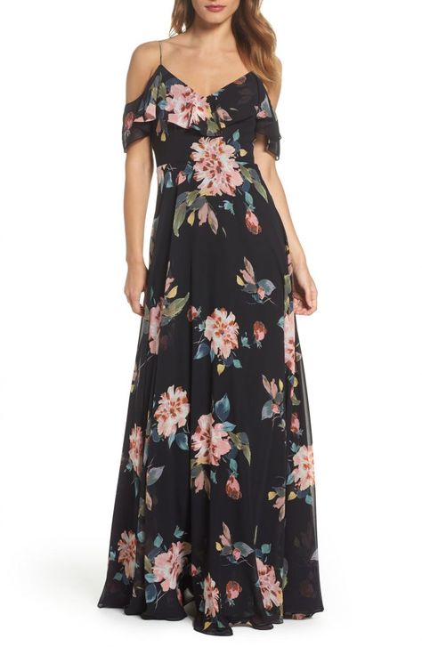 Moody + floral cold shoulder dress perfect for your maid of honor | Junebug Weddings Maid Of Honor Dresses, Ethereal Gown, Cold Shoulder Gown, Jenny Yoo Bridesmaid, Bridesmaid Dresses 2018, Dresses To Make, Floral Wrap Maxi Dress, Cold Shoulder Maxi Dress, Maid Of Honour Dresses