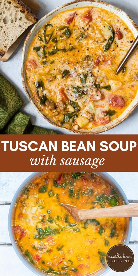 This Creamy Tuscan White Bean Soup is so warming and comforting, you’ll want to serve it throughout the cold weather months. Loaded with vegetables and spicy sausage, this soup is filling but packed with healthy ingredients too. White Bean Sausage Soup, Bean Soup With Sausage, Italian Bean Soup, Tuscan White Bean Soup, Bean And Sausage Soup, Soup With Sausage, Tuscan White Bean, Tuscan Bean Soup, Sausage Soup Recipes