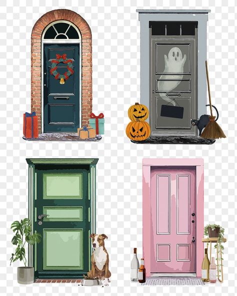 Exterior Illustration, Door Illustration, Decorated Doors, Exterior House Doors, House Png, Architectural Illustration, Kitchen Christmas Gifts, Wood Gate, About Halloween