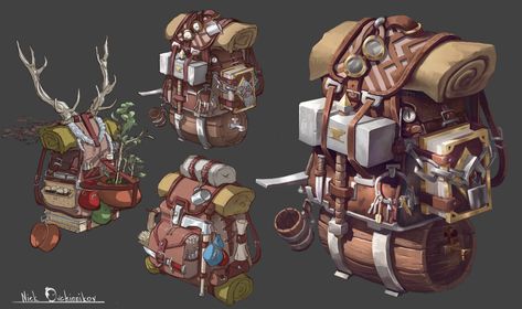 ArtStation - Fantasy backpack concepts. Concept Art Props Design, Adventure Backpack Drawing, Fantasy Bag Design, Backpack Fantasy Art, Dnd Backpack Art, Fantasy Bag Art, Cool Backpack Design, Backpack Character Design, Dnd Backpack Inventory