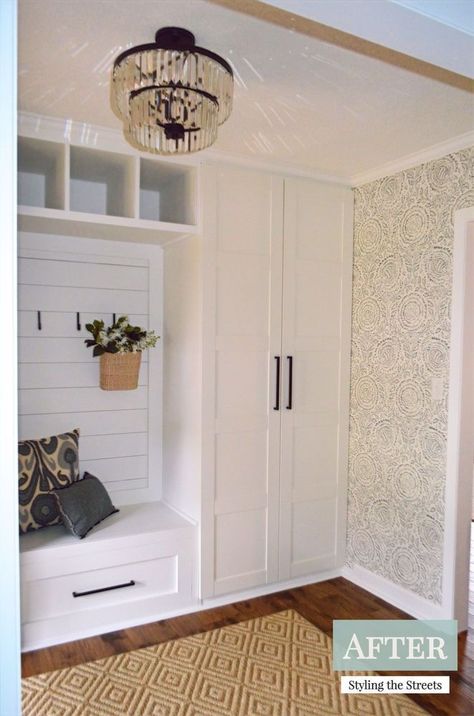 Build In Entryway, No Closet Front Entrance, Entryway Hide Shoes, Built In Closet Entryway, Ikea Mudroom Closet, Make A Mudroom Entryway, Ikea Hack For Mudroom, Basement Mud Room Entryway, Backdoor Entrance Ideas