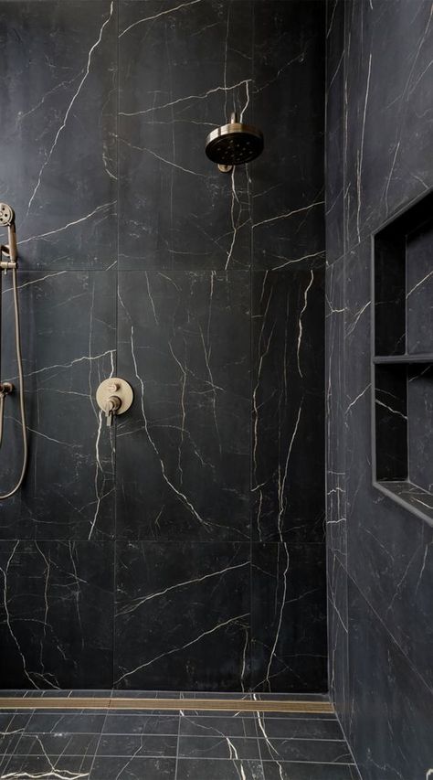 Black Shower White Bathroom, All Black Shower Tile, Black Shower Accent Wall, Glass Shower Ideas Walk In, Black Master Shower Ideas, Black Showers Bathroom, Black Tile Accent Wall Bathroom, Shower Floor Tile Ideas Modern, Black Bathrooms Luxury