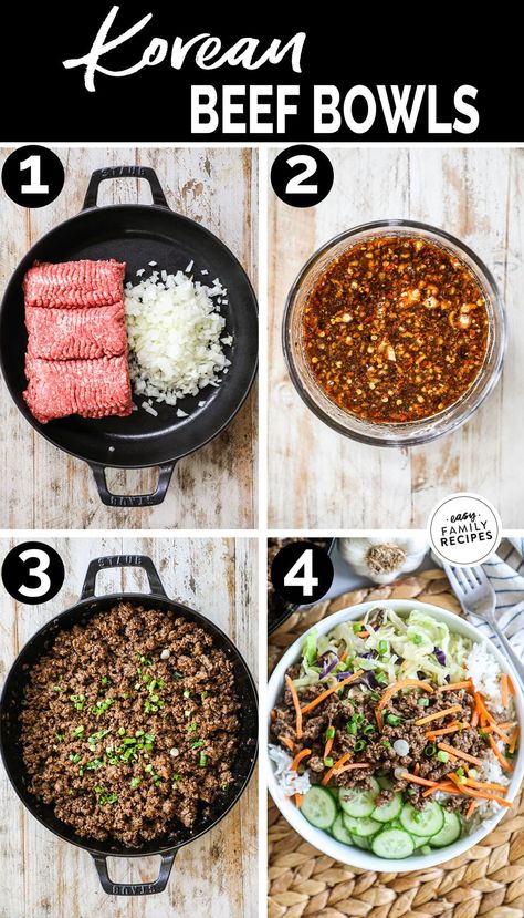 These Korean Beef Bowls are a fast dinner idea that is kid friendly and delicious! Ground beef is browned and then simmered with a sweet and savory sauce. Then the Korean inspired ground beef is served bowl style on white rice with cucumber, cabbage, carrots, and green onion. This healthy dinner idea is great because each person can build their own just how they like it! These Korean Beef Bowls also make super great meal prep bowls for lunch or dinner. Korean Rice Bowl Recipe, Bowls For Lunch, Beef Bowl Recipe, Korean Beef Recipes, Asian Steak Bites, Korean Ground Beef, Bowl Recipes Easy, Korean Beef Bowl, Bowl Meals