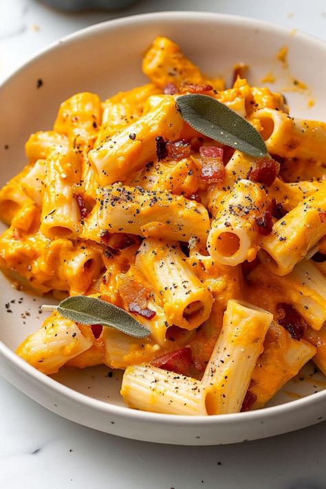 This creamy butternut squash pasta, with roasted garlic, sage, and bacon, is the perfect dish to cozy up with when you need something warm and satisfying. Butternut Squash Baked Feta Pasta, Acorn Squash Pasta, Creamy Butternut Squash Pasta, Squash Pasta Recipe, Butternut Squash Sage, Butternut Squash Pasta Sauce, Pumpkin Pasta Sauce, Butternut Squash Sauce, Creamy Butternut Squash