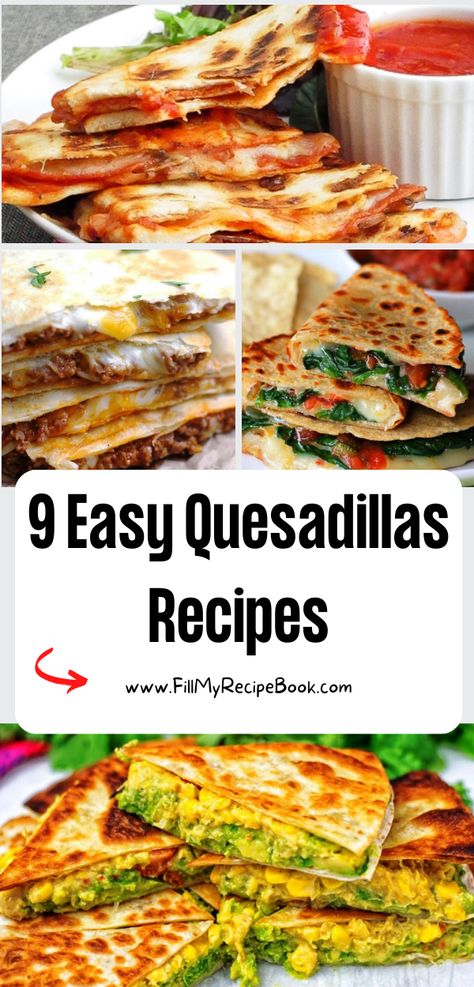 9 Easy Quesadillas Recipes to make with lovely tasty fillings with cheese. Use left overs as well to fill inside the quesadillas for lunch. Stove Top Ideas, Quesadilla Maker Recipes, Easy Quesadillas, Best Quesadilla Recipe, Veggie Quesadilla Recipes, Healthy Quesadilla Recipe, Quesadillas Recipes, Healthy Quesadilla, Cheese Quesadilla Recipe