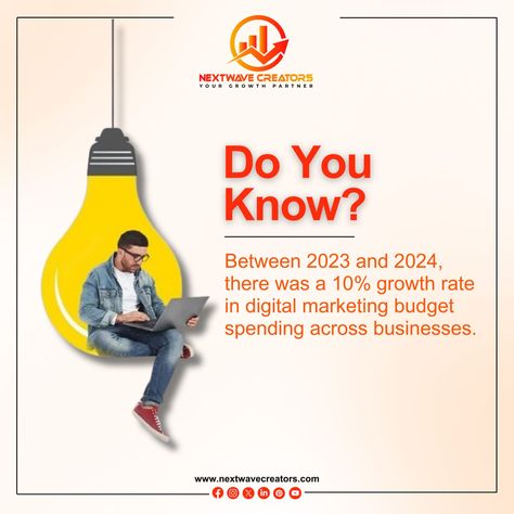 Digital marketing budgets grew 10% from 2023 to 2024. Don’t miss out—choose Nextwave Creators for top-notch digital marketing services and boost your business.  For more of such latest Digital Marketing facts Follow @nextwavecreator  Get in touch with us Today!!  📱Call us at +91 9686373046 🌐 or Visit our website for more info: https://www.nextwavecreators.com  #nextwavecreators #digitalmarketingfact #digitalmarketingfacts #fact #digitalmarketingexperts #digitalmarketingagency Digital Marketing Facts, Did You Know Facts, Marketing Budget, Digital Marketing Services, Digital Marketing Agency, Did You Know, Budgeting, Digital Marketing, Fun Facts