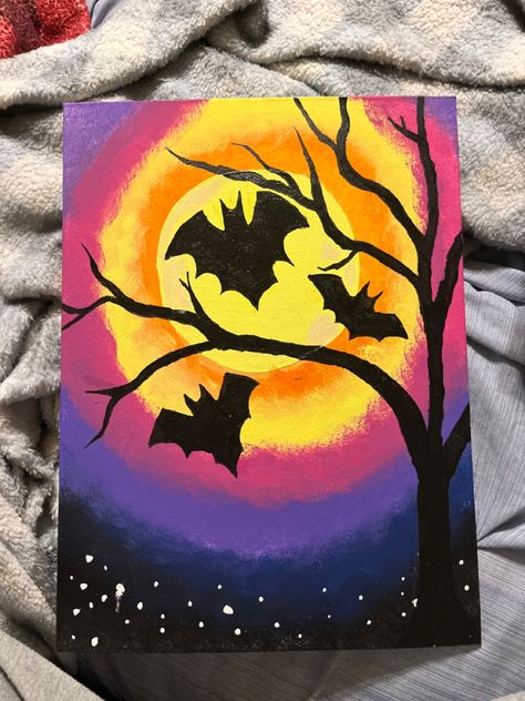 Painting Ideas On Canvas For Beginners Spooky, Bat Painting Easy, Bats Painting Easy, Halloween Paint Night Easy, Cute Bat Painting Easy, Painting Ideas Halloween, Halloween Bat Painting, Halloween Cat Painting Easy, Fall Canvas Painting Ideas Easy Diy